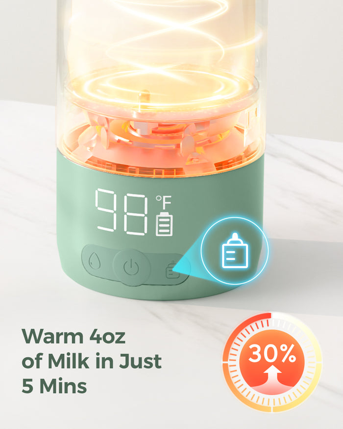 Momcozy mint green portable breast milk warmer, quickly warms 4oz milk in 5 minutes for travel.