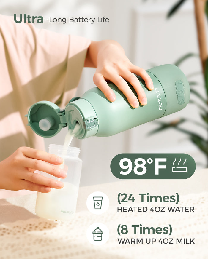 Momcozy portable breast milk warmer, mint green, quickly warms milk and water, ideal for travel, heating milk to 98°F