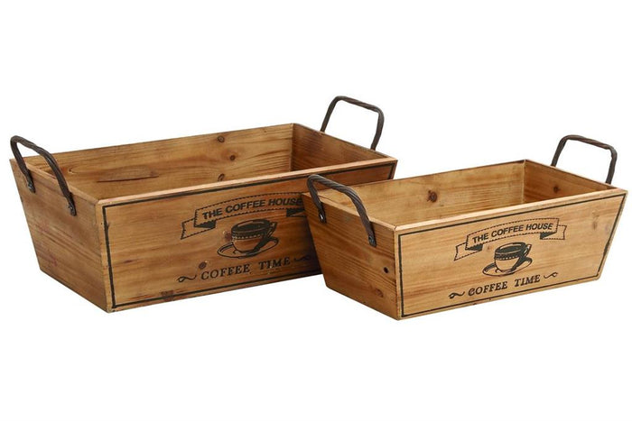 TAN WOOD COFFEE TIME TRAY WITH METAL HANDLES