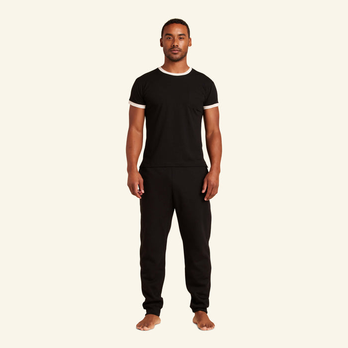 Man wearing the Slumber Cloud Essential Pocket Tee made with Outlast temperature regulation technology