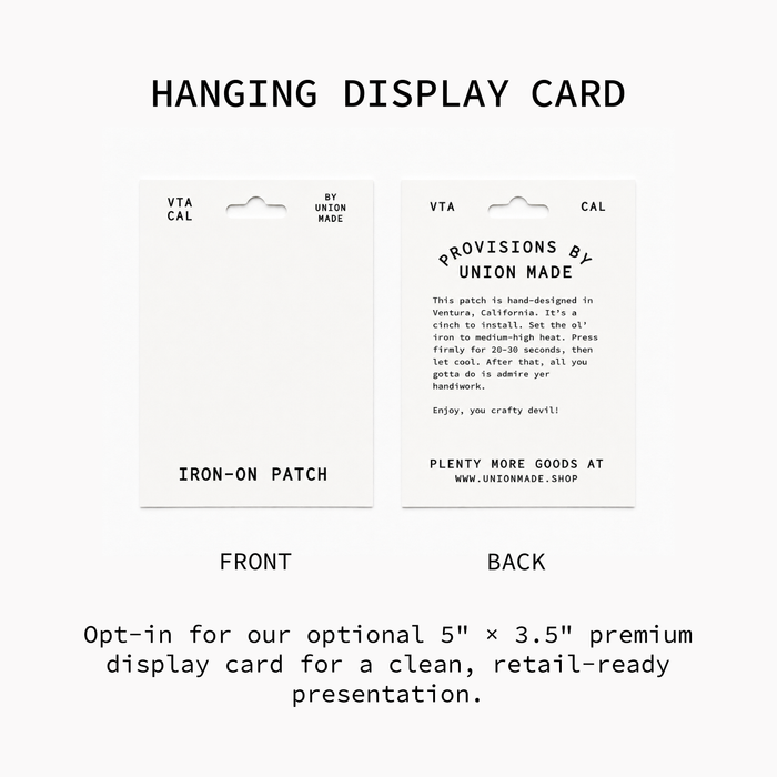 Forager Provisions LTD premium white hanging display card for iron-on patches showing front and back views