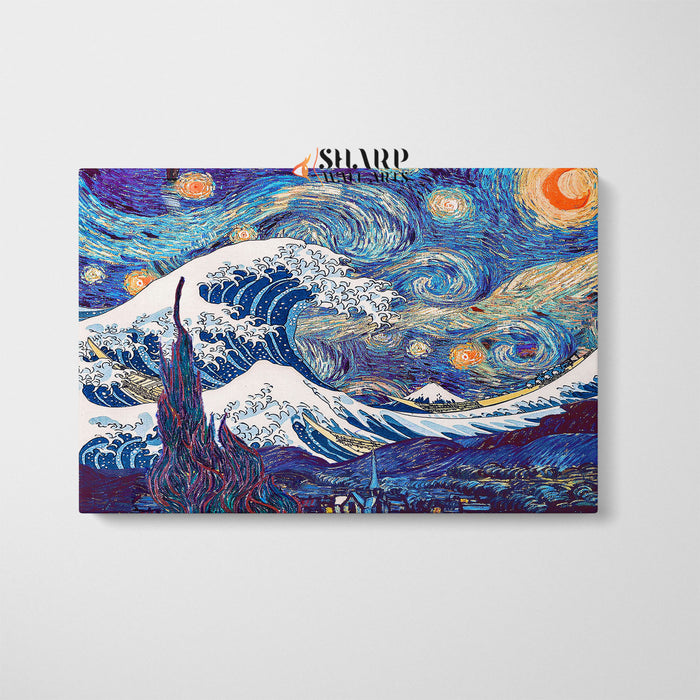 Van Gogh Starry Night And Great Wave Of Kanagawa Canvas Wall Art