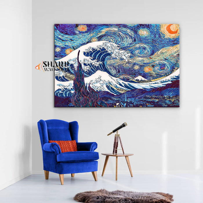 Van Gogh Starry Night And Great Wave Of Kanagawa Canvas Wall Art