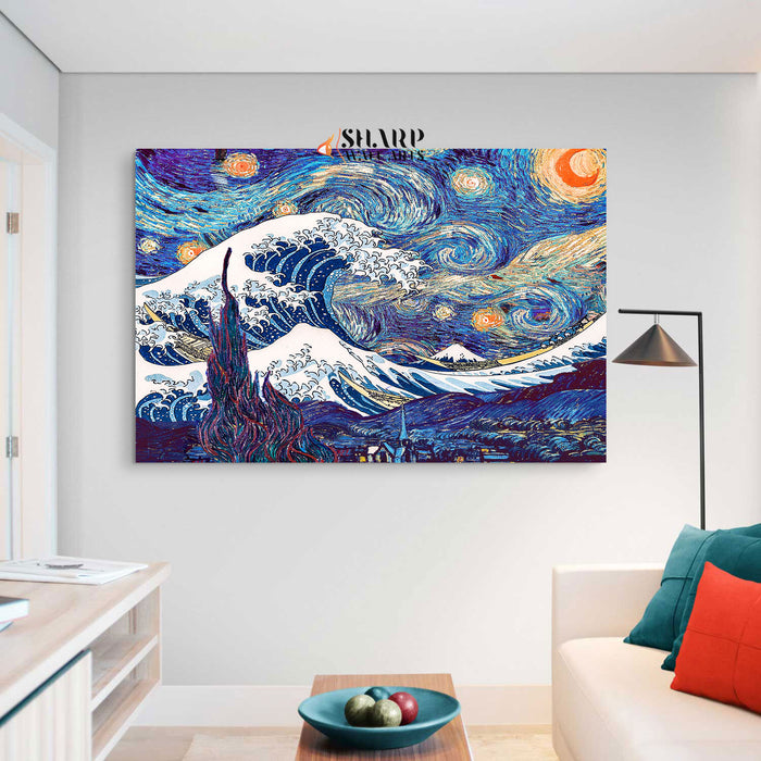 Van Gogh Starry Night And Great Wave Of Kanagawa Canvas Wall Art