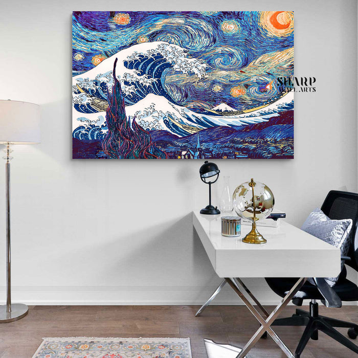 Van Gogh Starry Night And Great Wave Of Kanagawa Canvas Wall Art