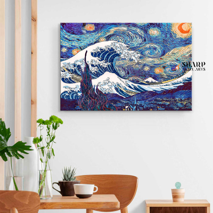 Van Gogh Starry Night And Great Wave Of Kanagawa Canvas Wall Art