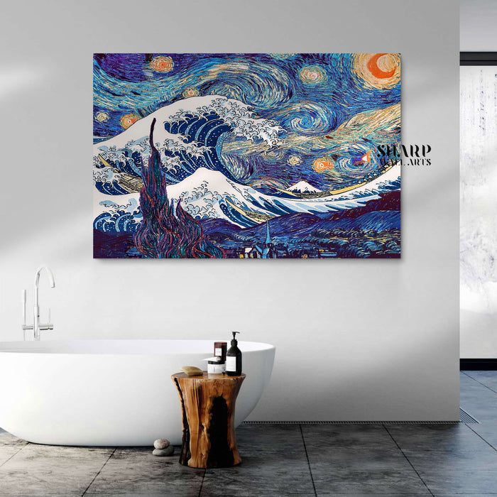 Van Gogh Starry Night And Great Wave Of Kanagawa Canvas Wall Art