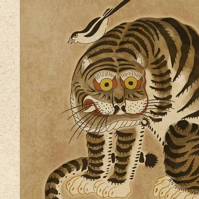 Vintage Korean Minhwa Tiger and Magpie | Kawai Cute Asian Folk Art Mythology | Giclee Fine Art Print