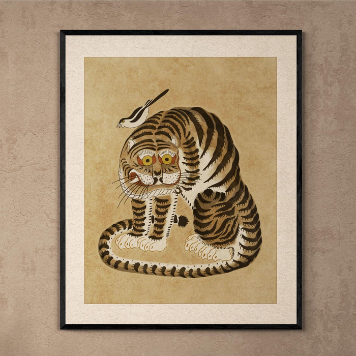 Vintage Korean Minhwa Tiger and Magpie | Kawai Cute Asian Folk Art Mythology | Giclee Fine Art Print