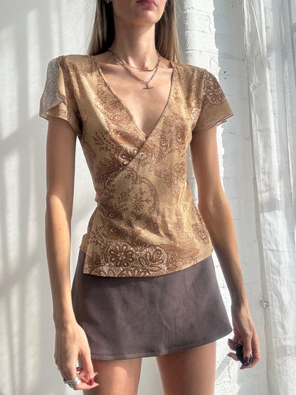 Vintage Y2K brown paisley mesh wrap style top