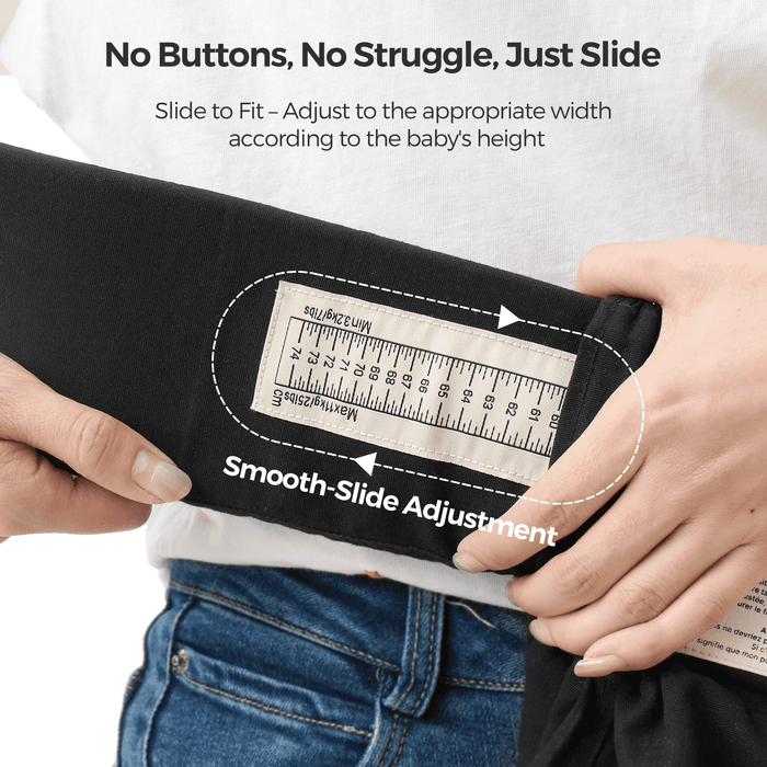 Momcozy WeeSnug newborn carrier, offering smooth-slide adjustment for newborns. Black carrier with easy width adjustment.