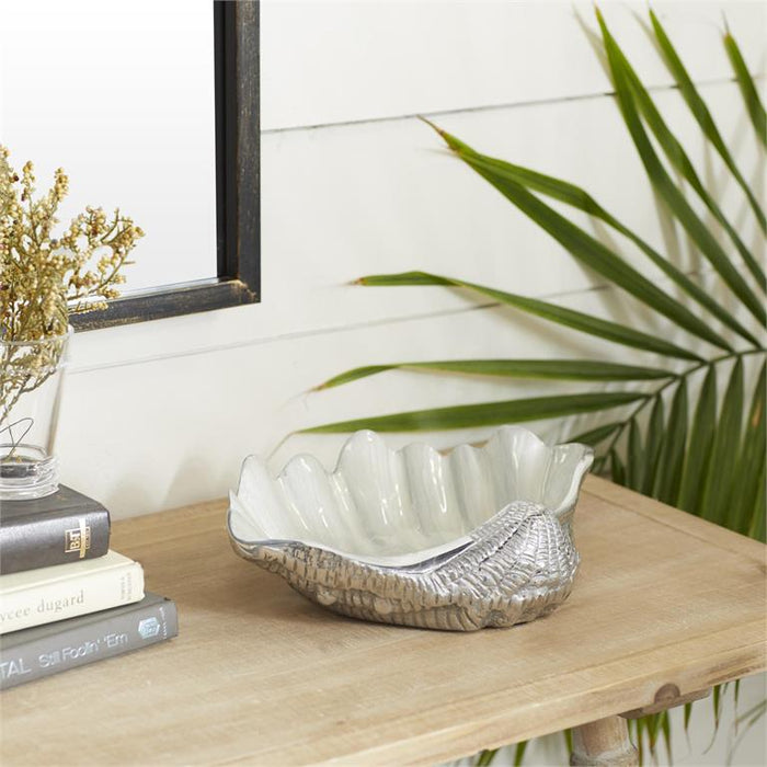 WHITE ALUMINUM SEA LIFE SHELL SERVING BOWL WITH ENAMEL INTERIOR