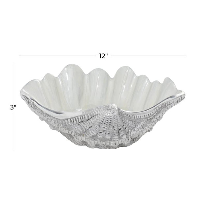 WHITE ALUMINUM SEA LIFE SHELL SERVING BOWL WITH ENAMEL INTERIOR