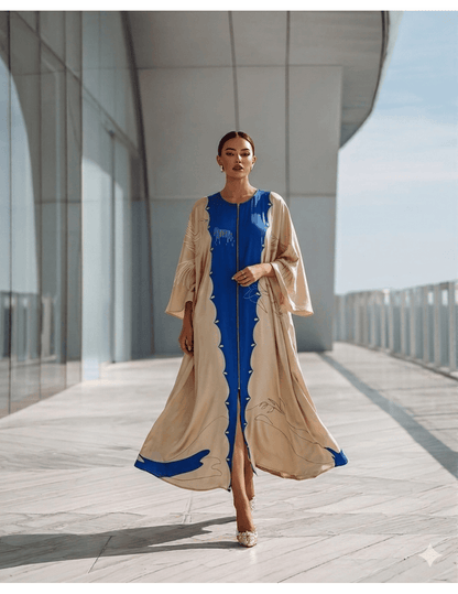 White Blue Cotton Satin Silk Kaftan Dress