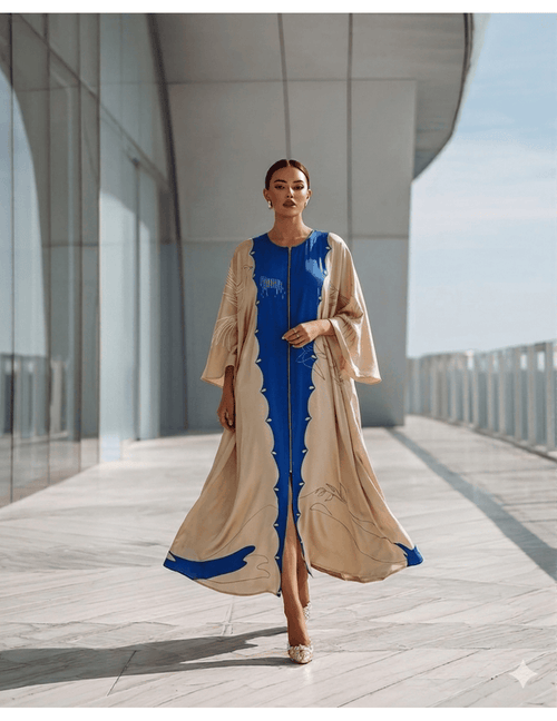 White Blue Cotton Satin Silk Kaftan Dress