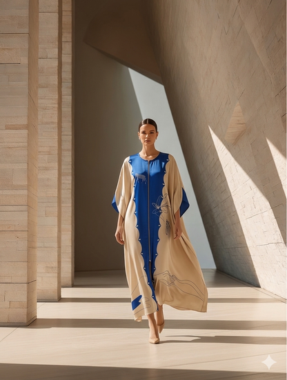 White Blue Cotton Satin Silk Kaftan Dress