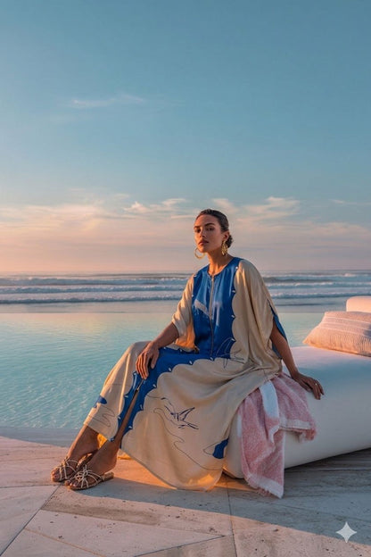 White Blue Cotton Satin Silk Kaftan Dress