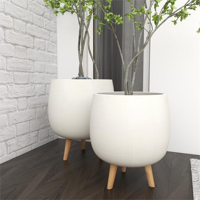 WHITE CERAMIC INDOOR OUTDOOR PLANTER WITH WOOD LEGS