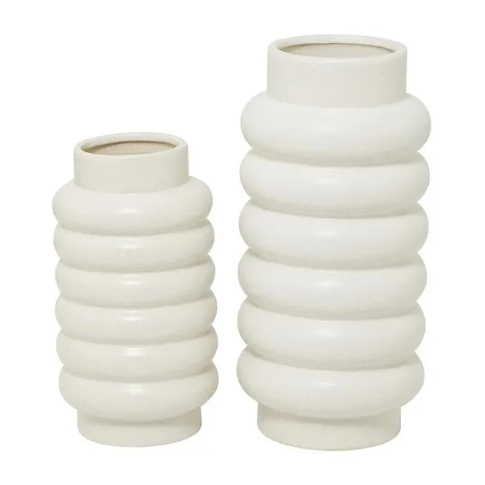 White Ceramic Modern Ring Ribbing Vase