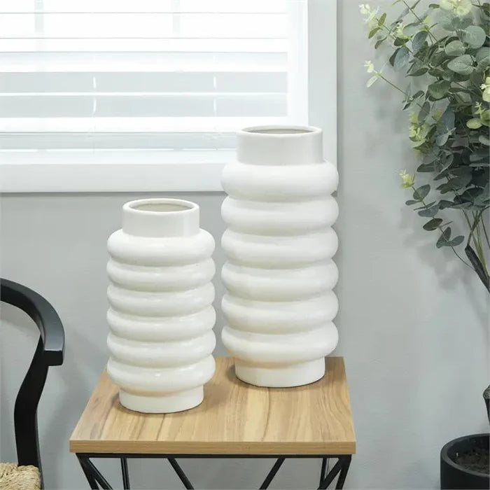 White Ceramic Modern Ring Ribbing Vase