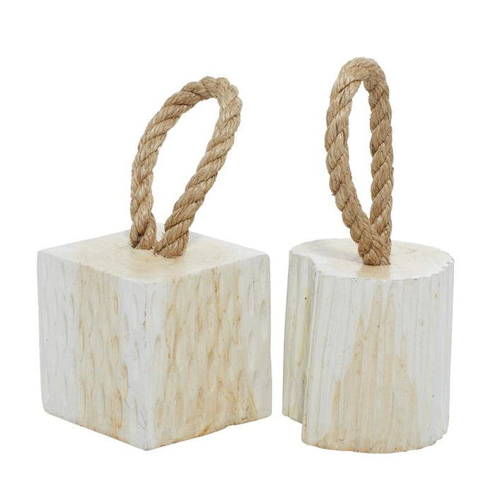 WHITE TEAK WOOD GEOMETRIC HANDMADE DOOR STOPPER SCULPTURE WITH ROPE ACCEN