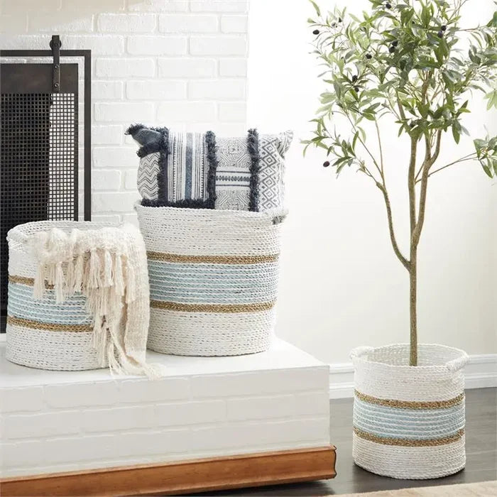 WHITE WOOD HANDMADE TWO TONED STORAGE BASKET WITH HANDLES