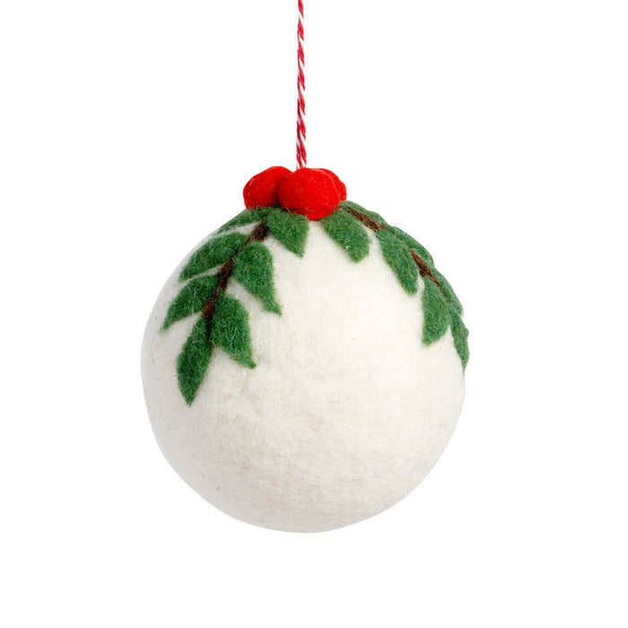 Wool Ball Ornament with Holly Top Set/6