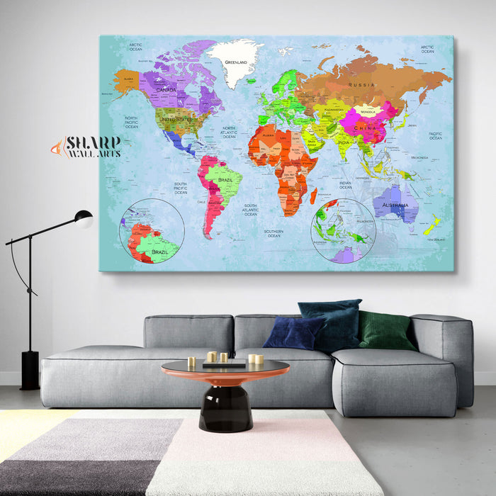 World Map Wall Art Canvas - Living Room Decor
