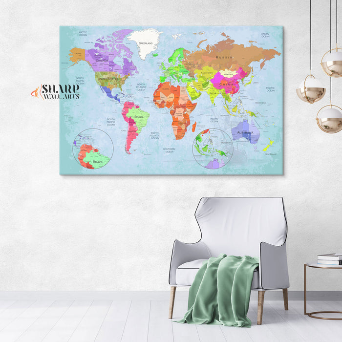 World Map Wall Art Canvas - Living Room Decor