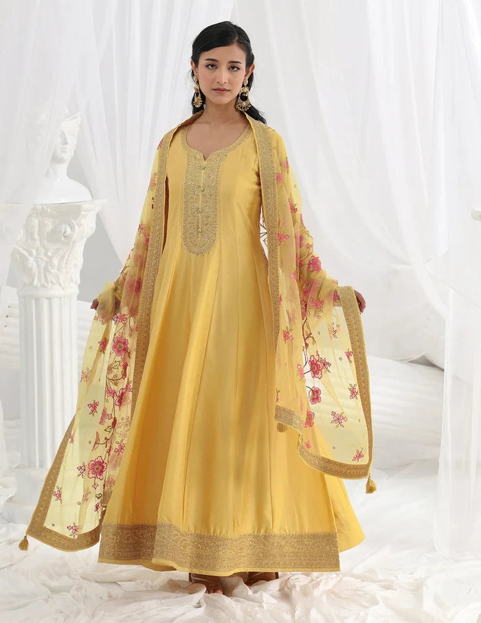 Yellow Embellished Silk Anarkali Suit