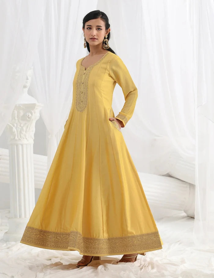 Yellow Embellished Silk Anarkali Suit