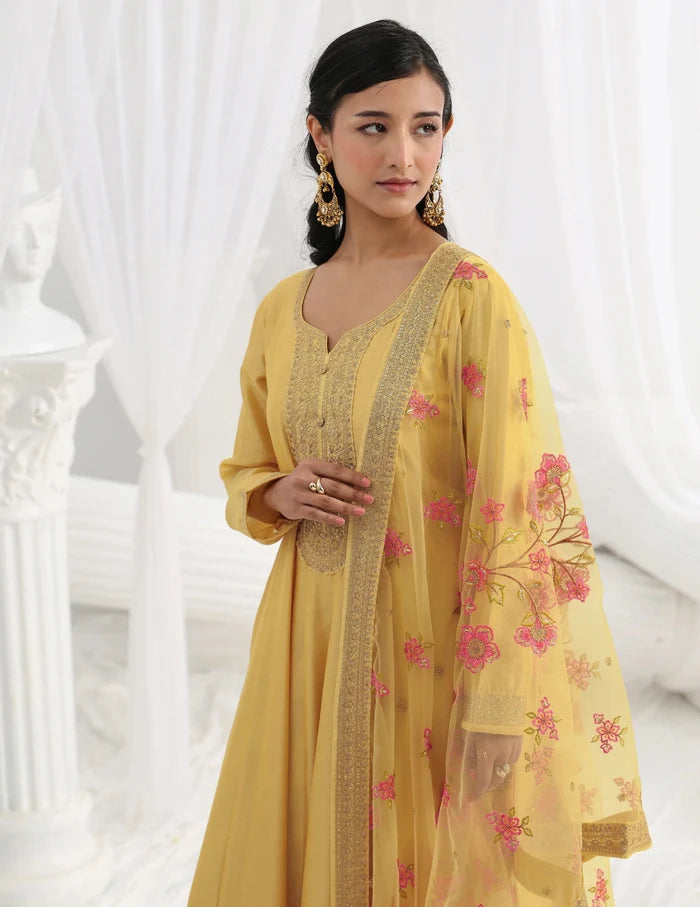 Yellow Embellished Silk Anarkali Suit