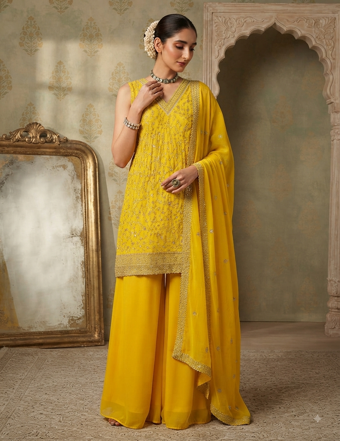 A full-body studio portrait of a South Asian female model standing gracefully against a traditional Indian-inspired background. She is wearing a rich, vibrant yellow three-piece suit set crafted from a silk blend fabric. The ensemble includes a sleeveless, knee-length kurta heavily embellished with intricate gold thread work and bead embroidery. She wears matching wide-legged sharara pants that flow to the floor, and a sheer yellow dupatta (scarf) with a matching embroidered border draped over her shoulders