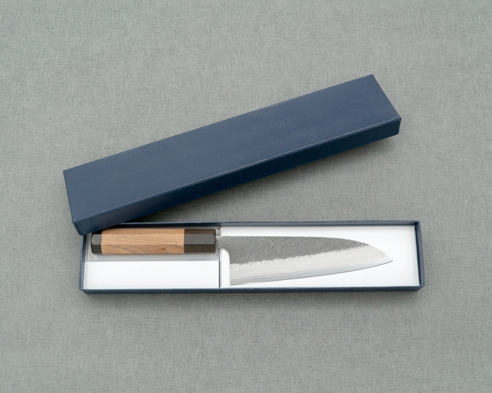 Yoshikane Shirogami #2 Kurouchi Tsuchime 165mm Santoku with Enju Handle